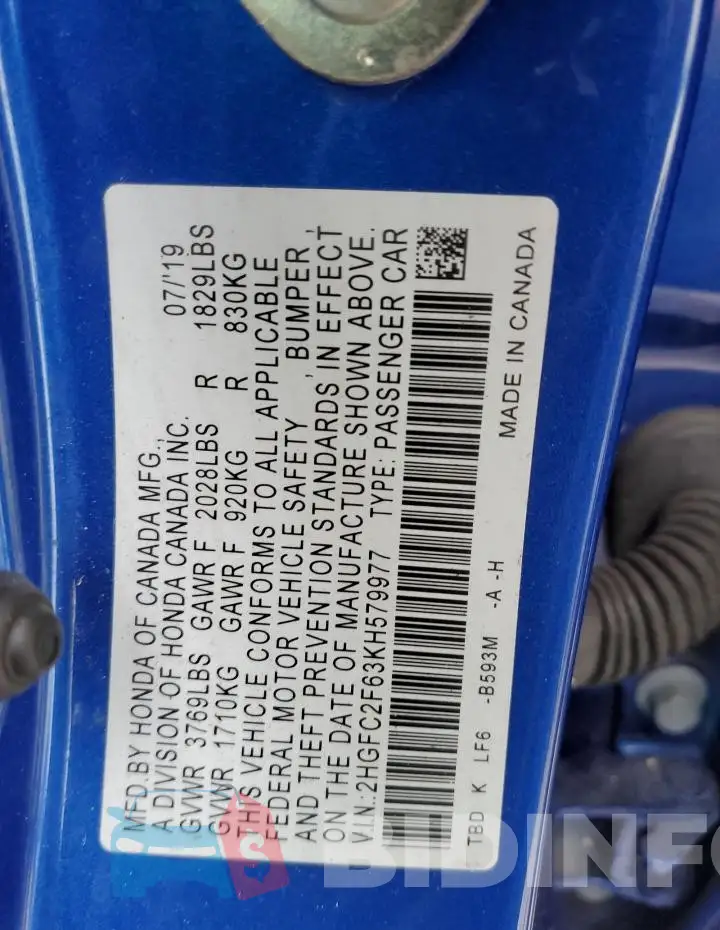 2HGFC2F63KH579977 Photo# 13