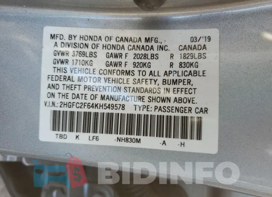 2HGFC2F64KH549578 Photo# 12