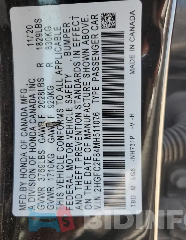 2HGFC2F84MH511076 Photo# 12