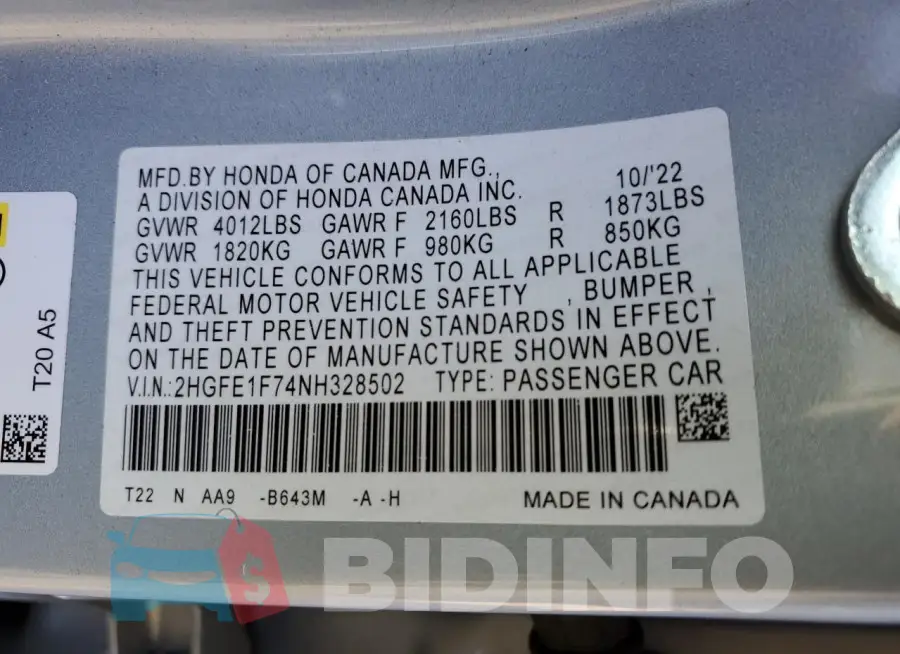 2HGFE1F74NH328502 Photo# 13