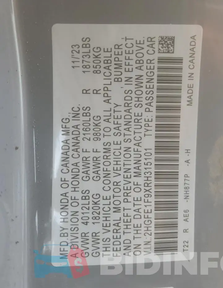 2HGFE1F9XRH315101 Photo# 12