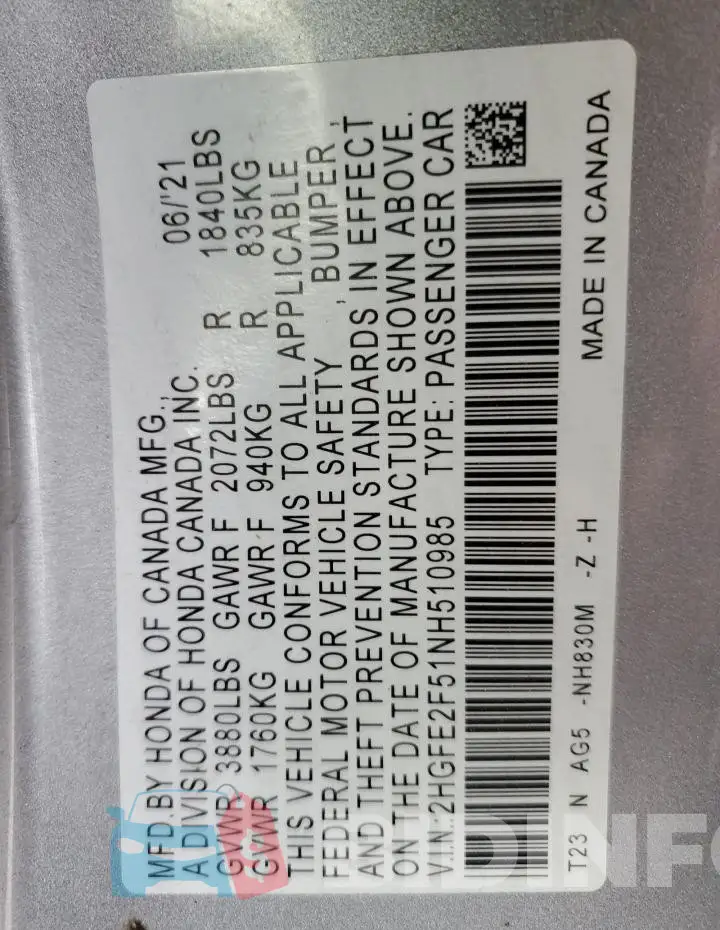 2HGFE2F51NH510985 Photo# 13