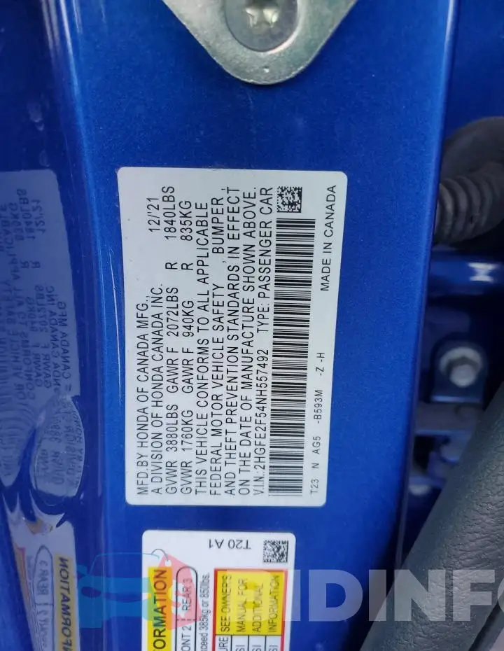 2HGFE2F54NH557492 Photo# 12