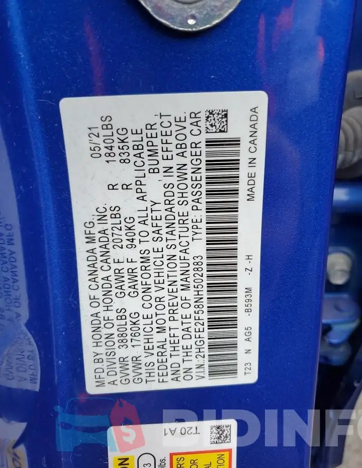 2HGFE2F58NH502883 Photo# 12