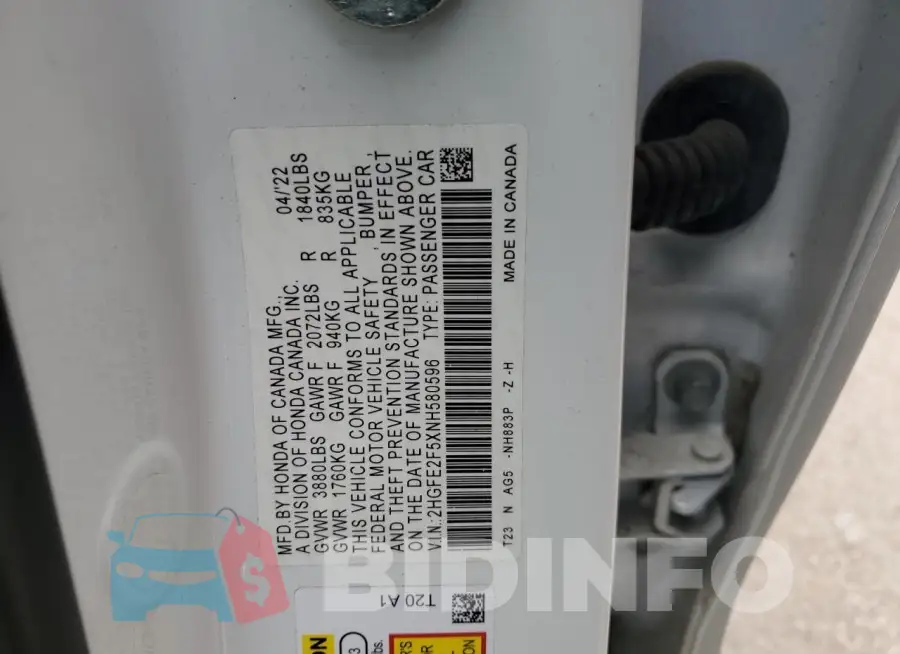 2HGFE2F5XNH580596 Photo# 13