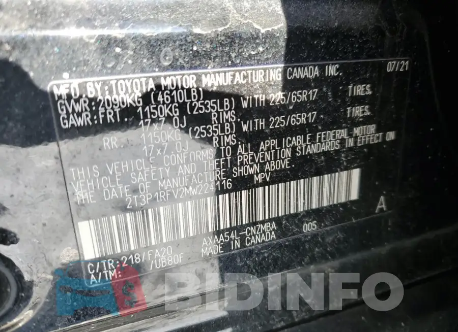 2T3P1RFV2MW224116 Photo# 13