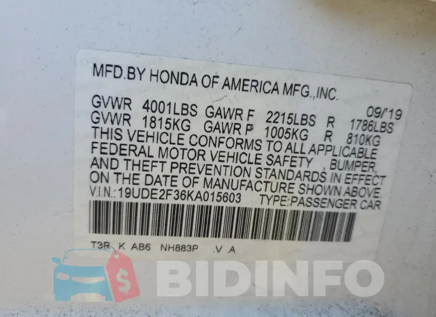 19UDE2F36KA015603 Photo# 12