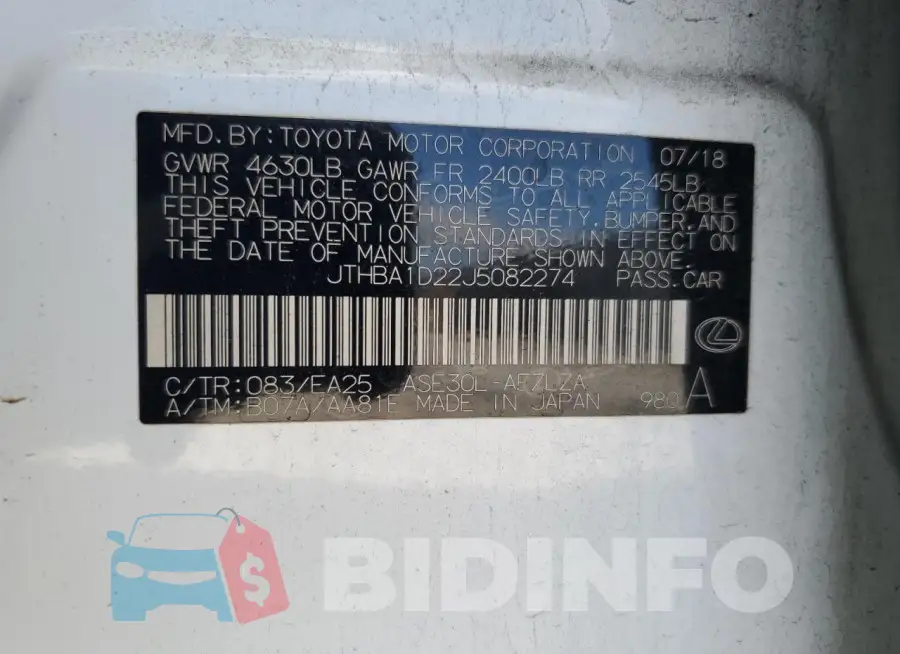 JTHBA1D22J5082274 Photo# 12