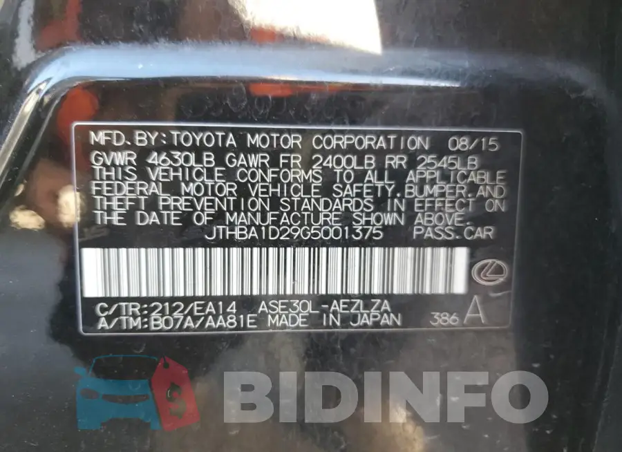 JTHBA1D29G5001375 Photo# 12
