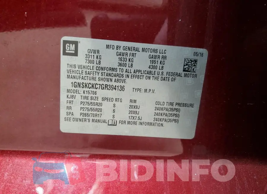 1GNSKCKC7GR394136 Photo# 13