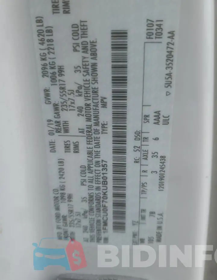 1FMCU0F70KUB01357 Photo# 13