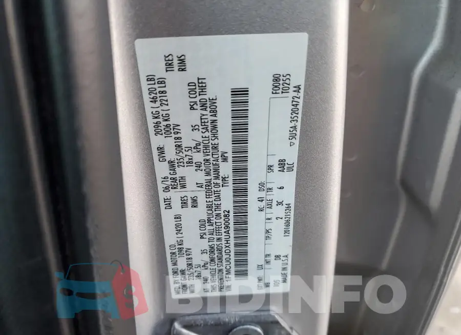 1FMCU0JDXHUA90082 Photo# 13