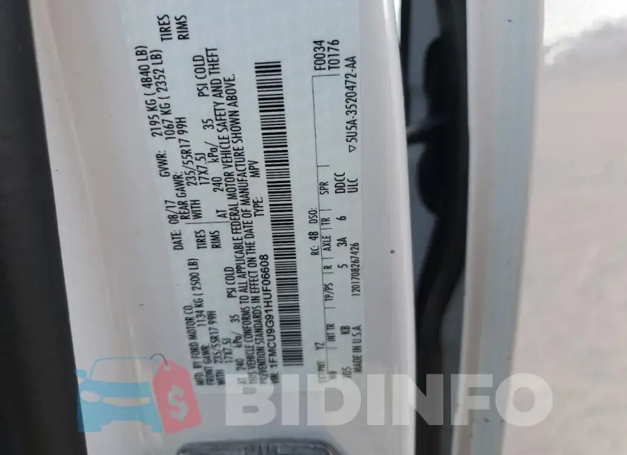1FMCU9G91HUF06608 Photo# 14