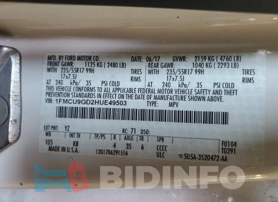 1FMCU9GD2HUE49503 Photo# 13