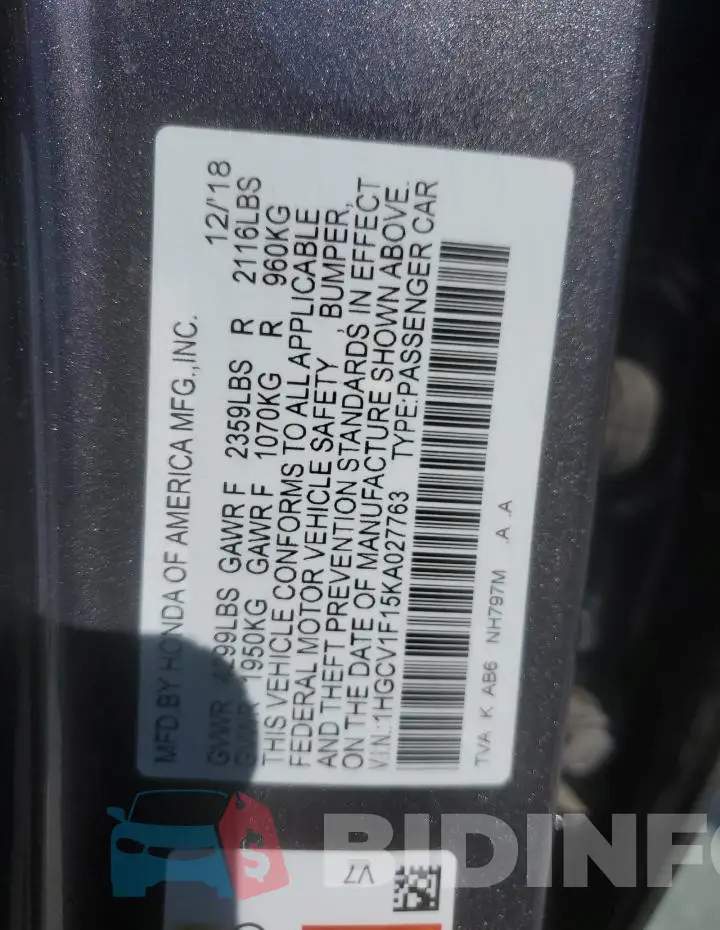 1HGCV1F15KA027763 Photo# 12