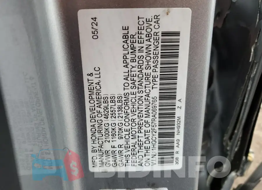 1HGCY2F57RA069765 Photo# 12