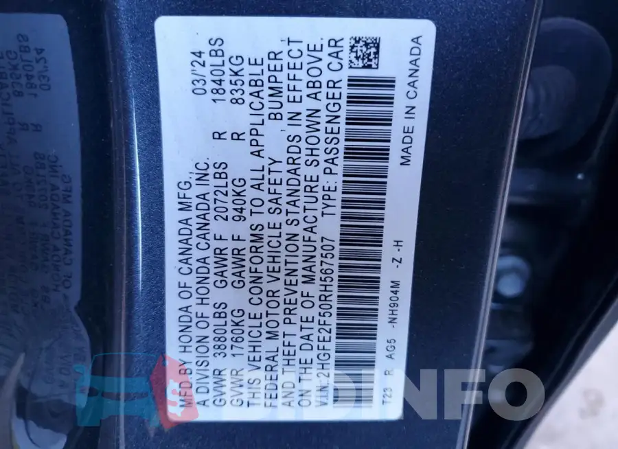 2HGFE2F50RH567507 Photo# 12