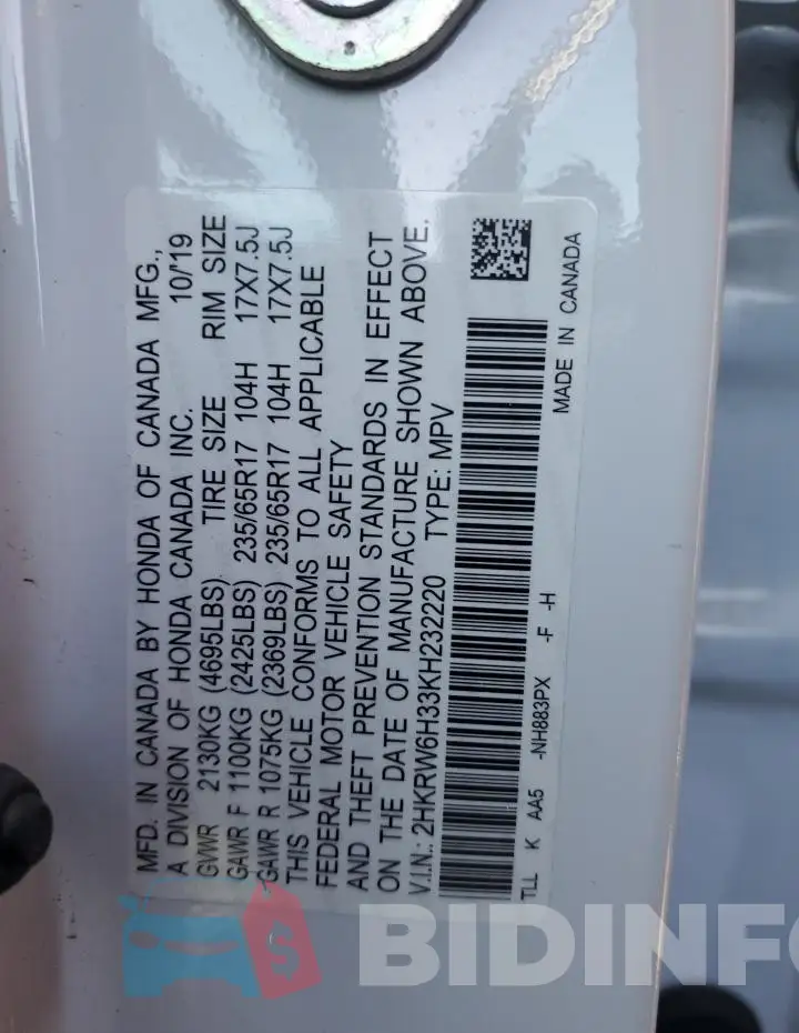2HKRW6H33KH232220 Photo# 14