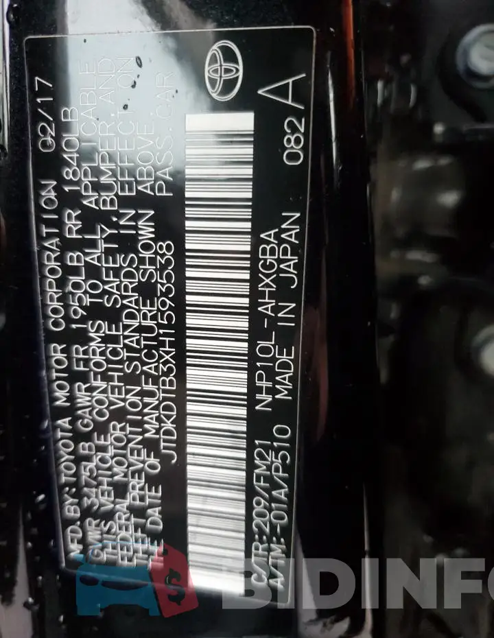 JTDKDTB3XH1593538 Photo# 13