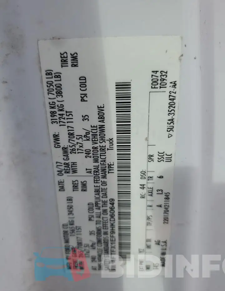 1FTFX1EF9HKD60649 Photo# 12