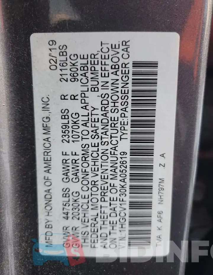1HGCV1F30KA052619 Photo# 12