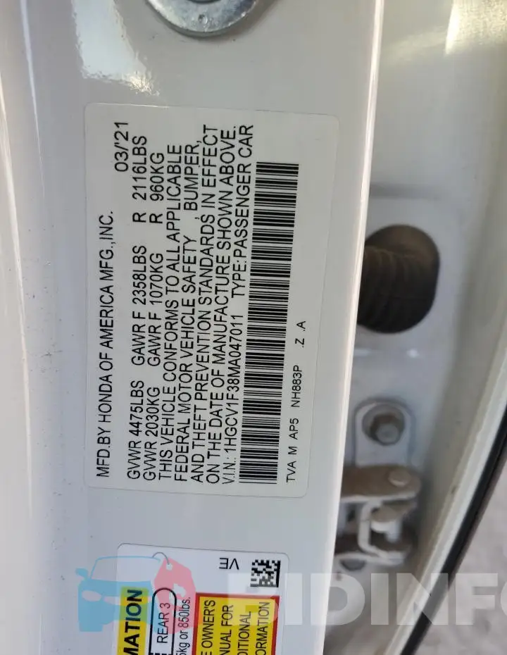 1HGCV1F38MA047011 Photo# 12