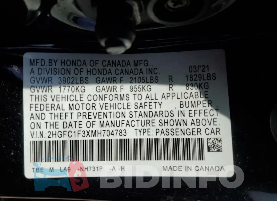 2HGFC1F3XMH704783 Photo# 12