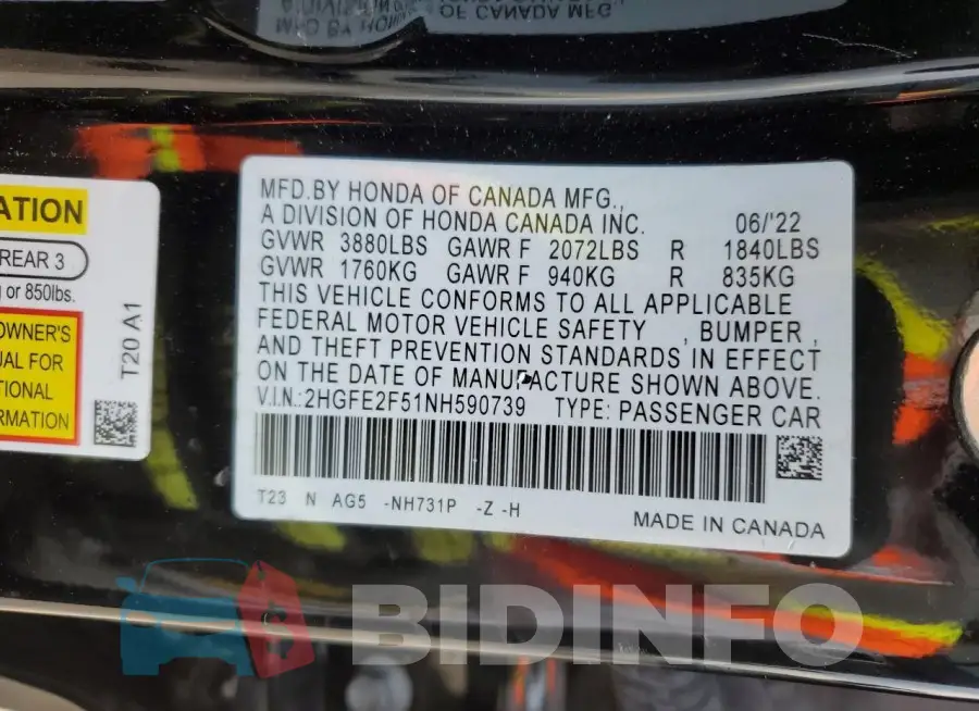 2HGFE2F51NH590739 Photo# 13