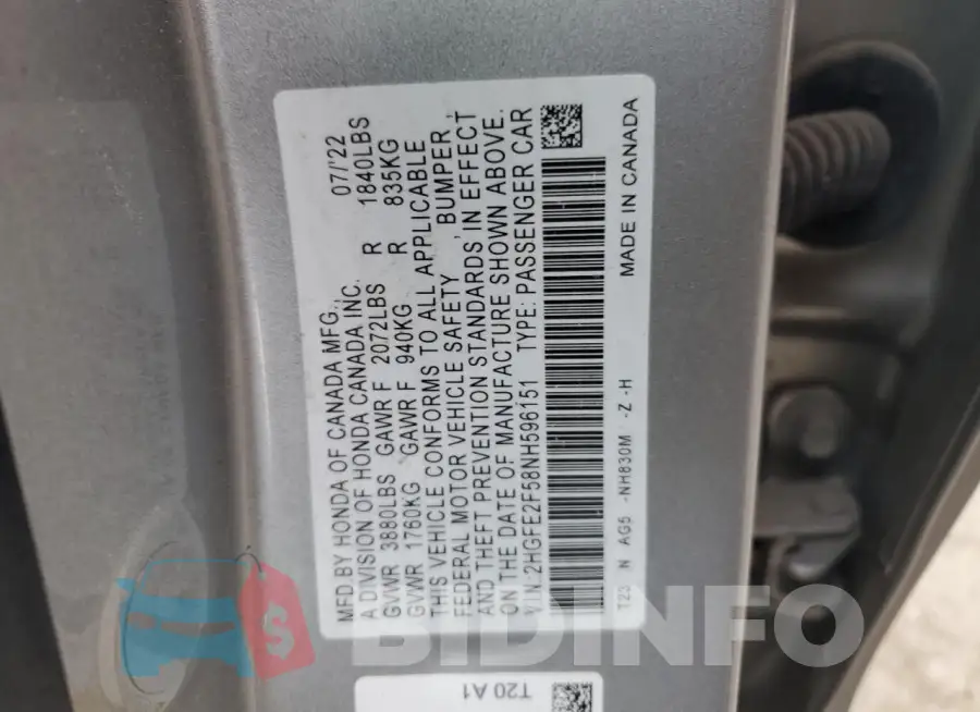 2HGFE2F58NH596151 Photo# 12