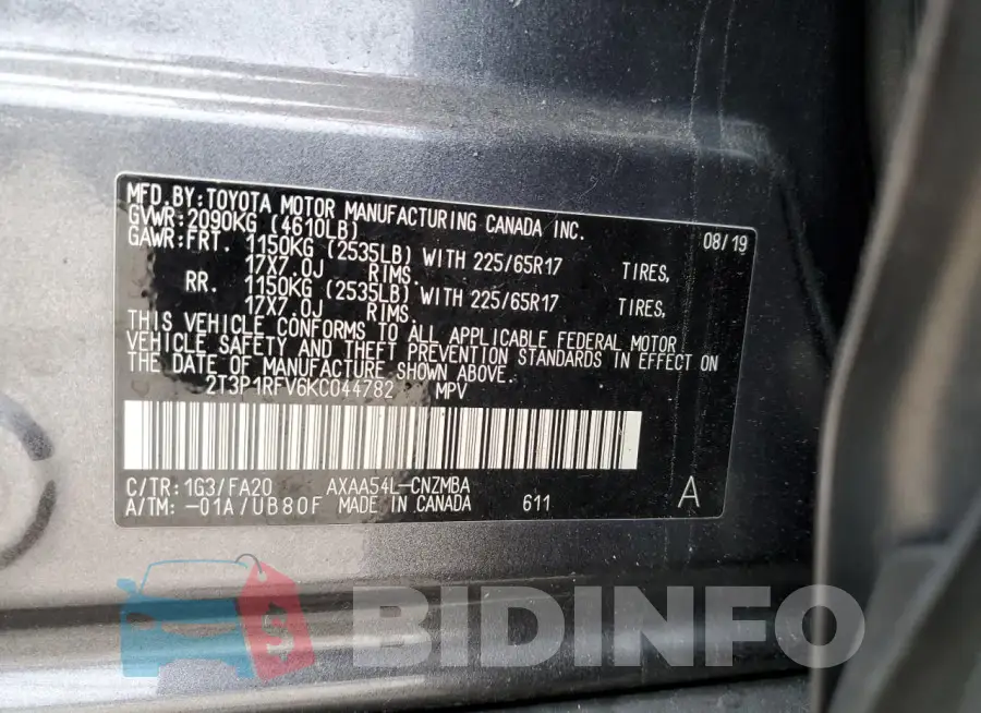 2T3P1RFV6KC044782 Photo# 14