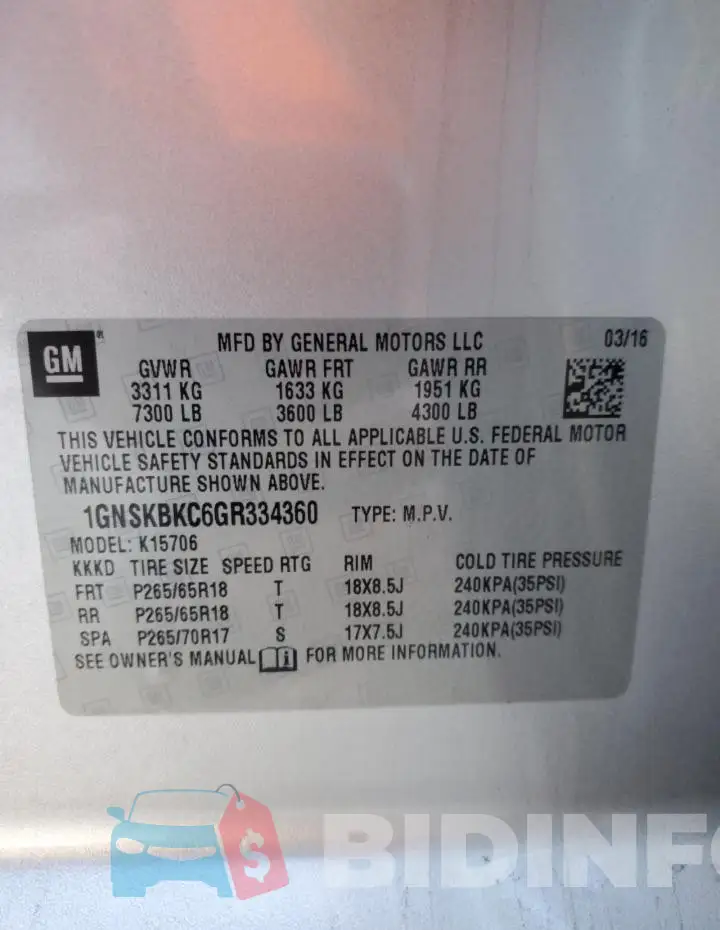 1GNSKBKC6GR334360 Photo# 13
