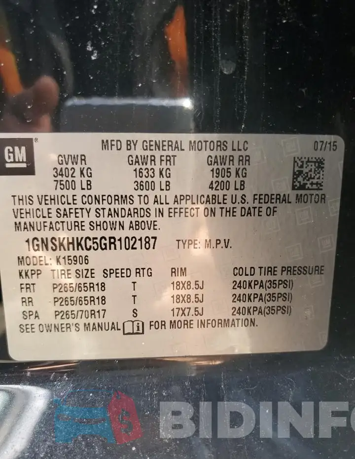 1GNSKHKC5GR102187 Photo# 13