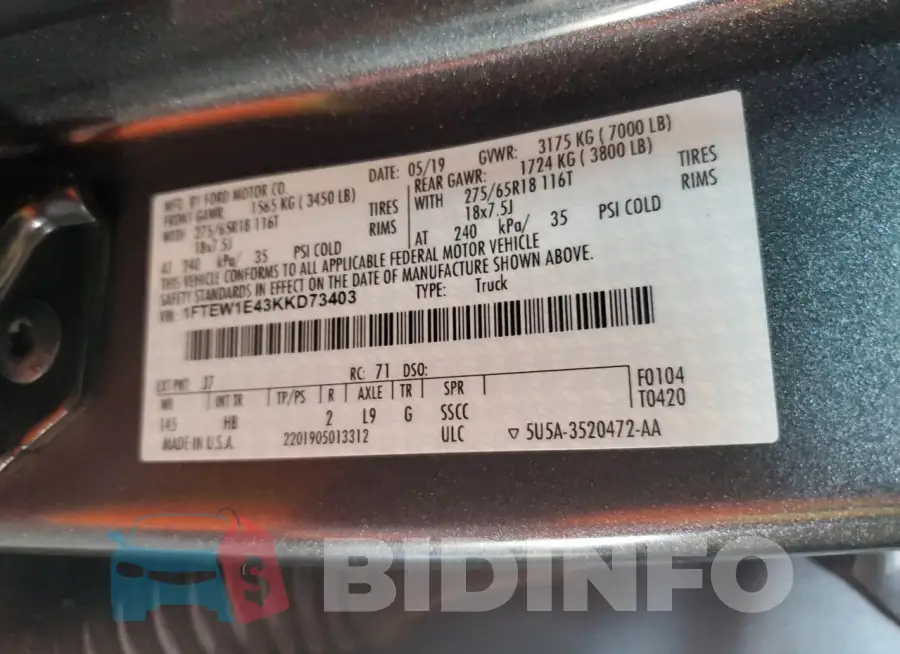 1FTEW1E43KKD73403 Photo# 13