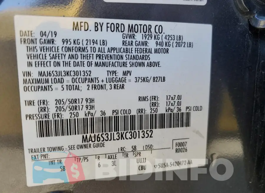 MAJ6S3JL3KC301352 Photo# 13