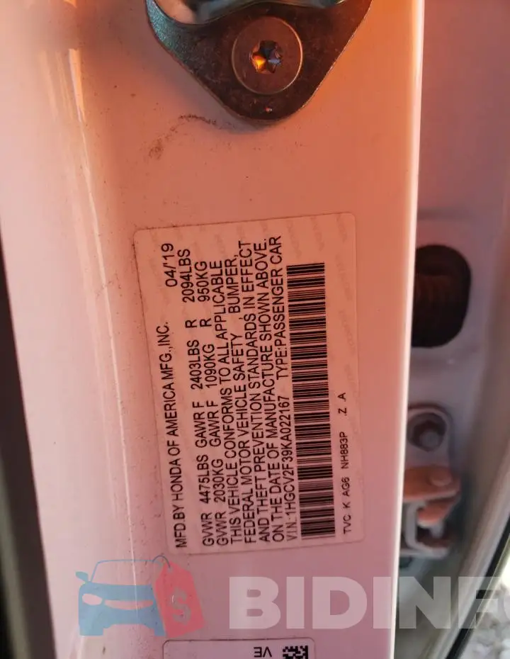 1HGCV2F39KA022167 Photo# 12