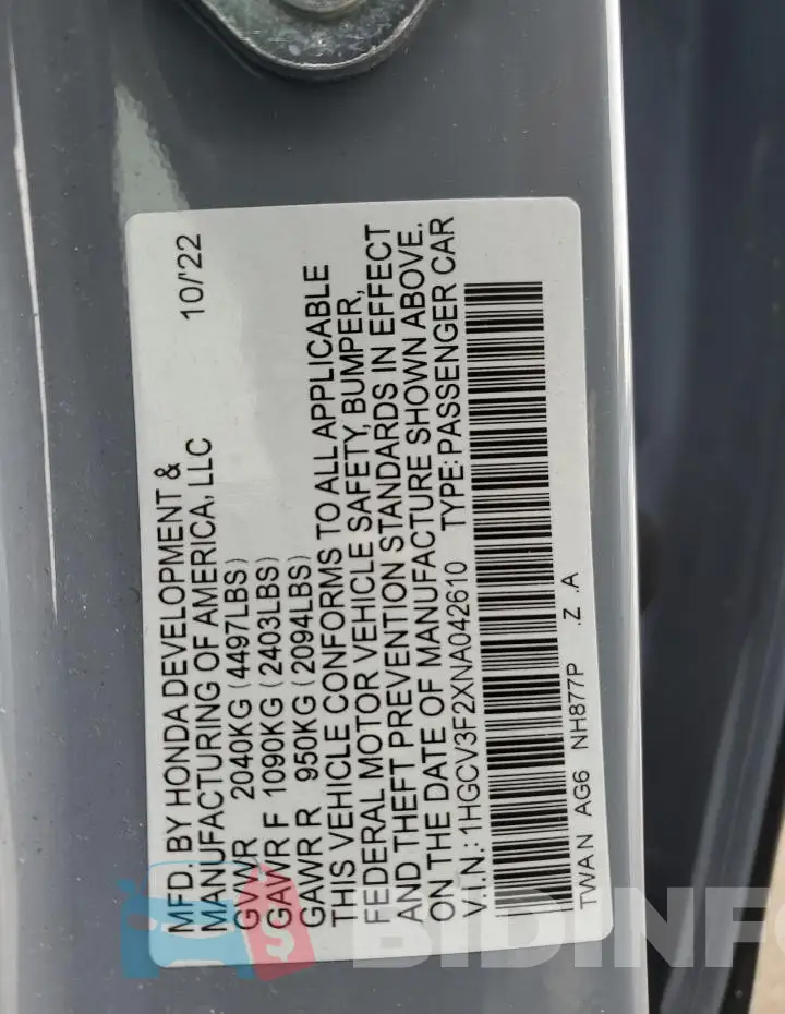 1HGCV3F2XNA042610 Photo# 12