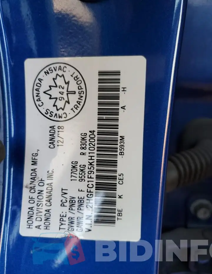 2HGFC1F95KH102004 Photo# 13