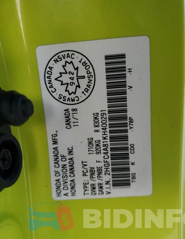 2HGFC4A81KH400291 Photo# 12