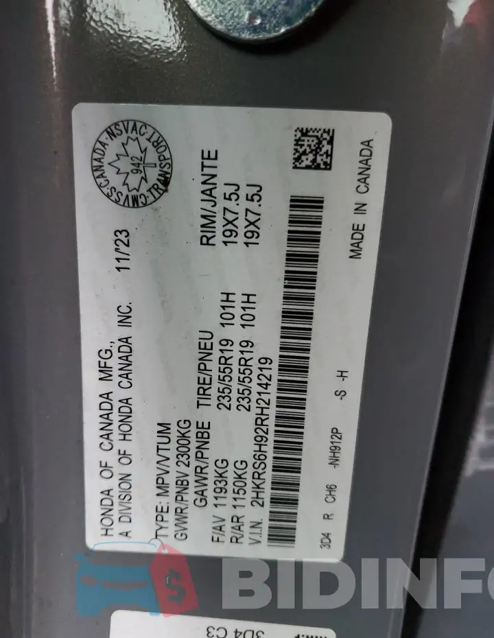 2HKRS6H92RH214219 Photo# 14