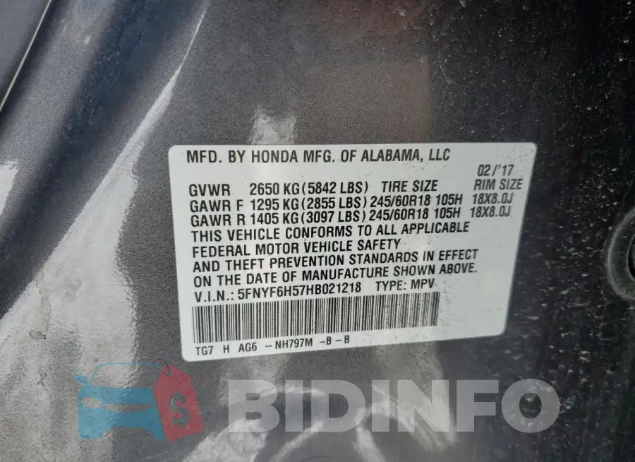 5FNYF6H57HB021218 Photo# 13