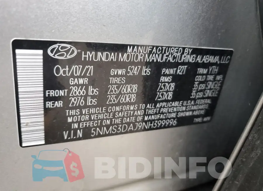 5NMS3DAJ9NH399996 Photo# 13