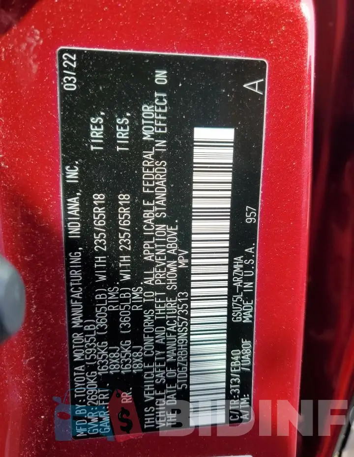 5TDGZRBH9NS573513 Photo# 13
