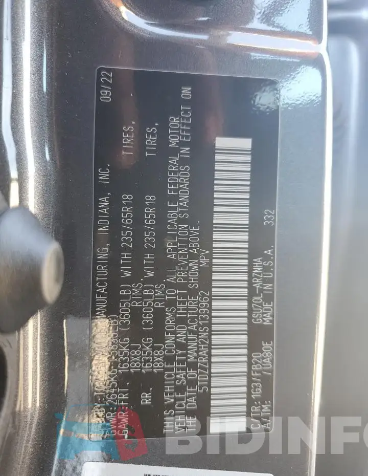 5TDZZRAH2NS139962 Photo# 14