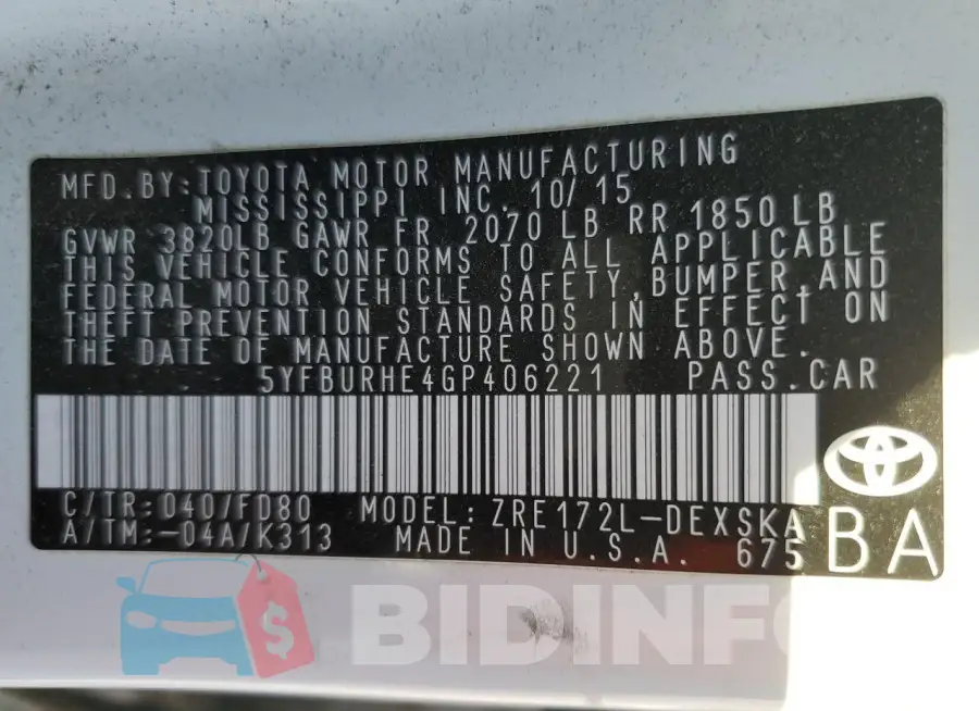 5YFBURHE4GP406221 Photo# 12