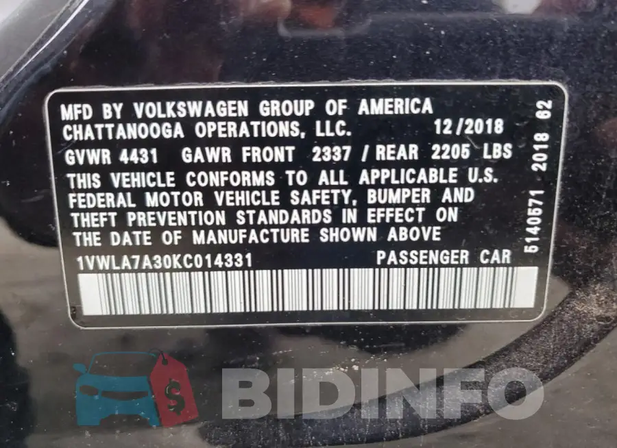 1VWLA7A30KC014331 Photo# 12