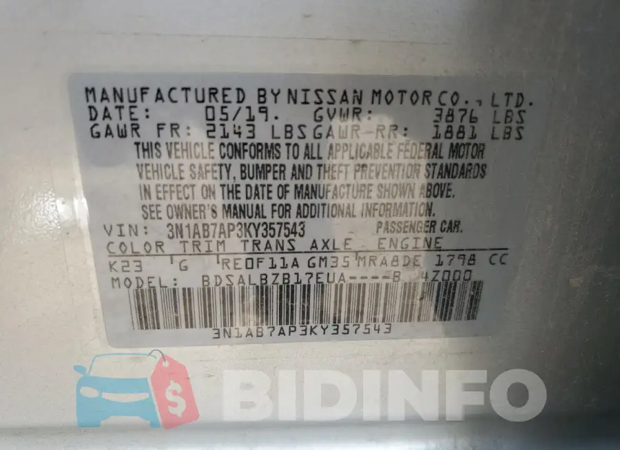 3N1AB7AP3KY357543 Photo# 12