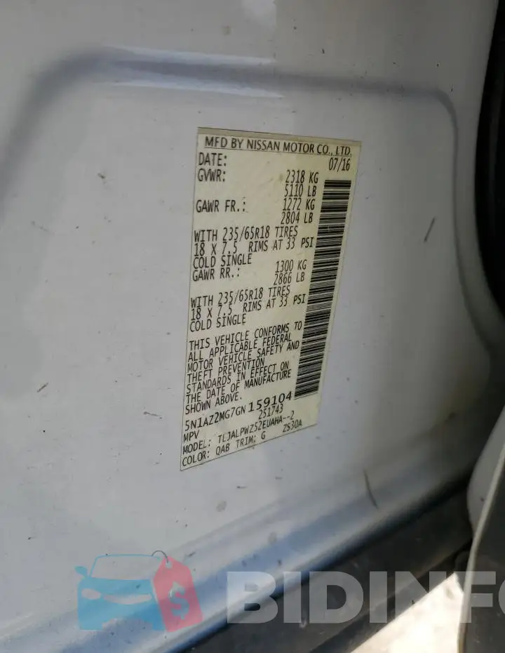 5N1AZ2MG7GN159104 Photo# 14