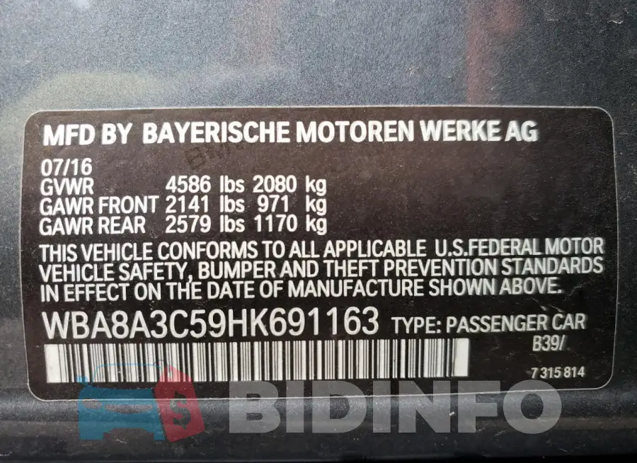 WBA8A3C59HK691163 Photo# 13