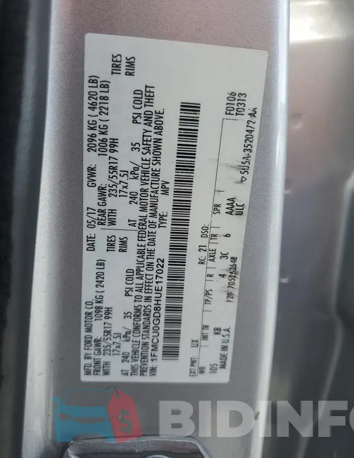 1FMCU0GD8HUE17022 Photo# 13