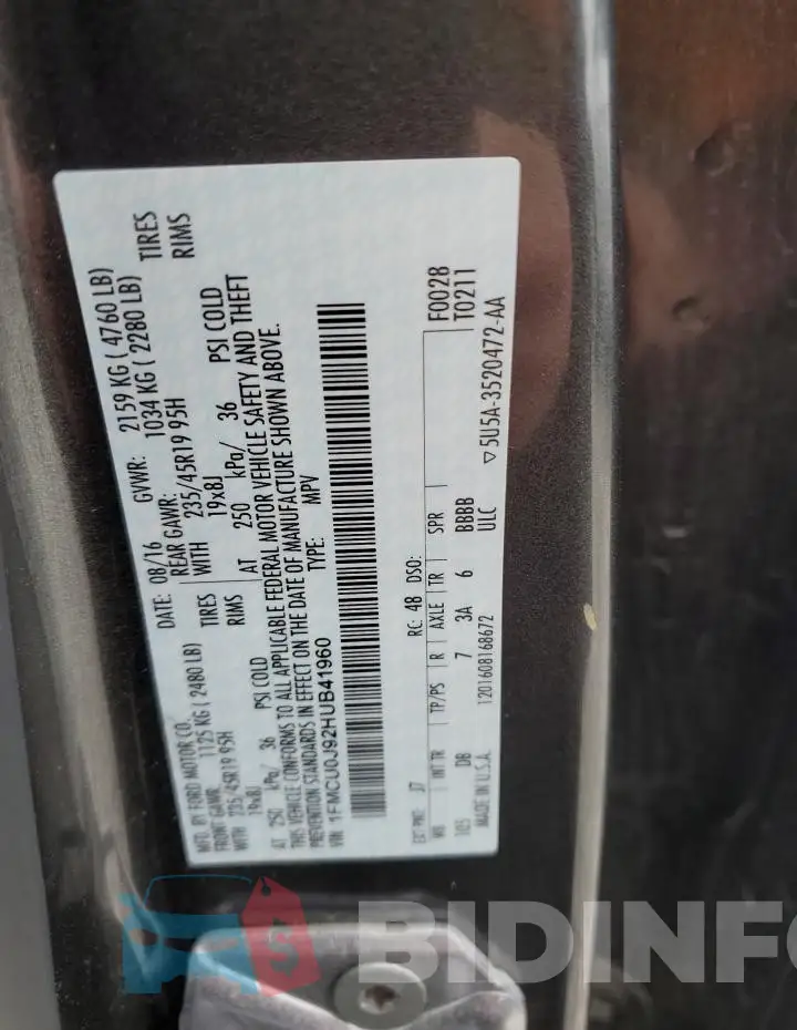 1FMCU0J92HUB41960 Photo# 13